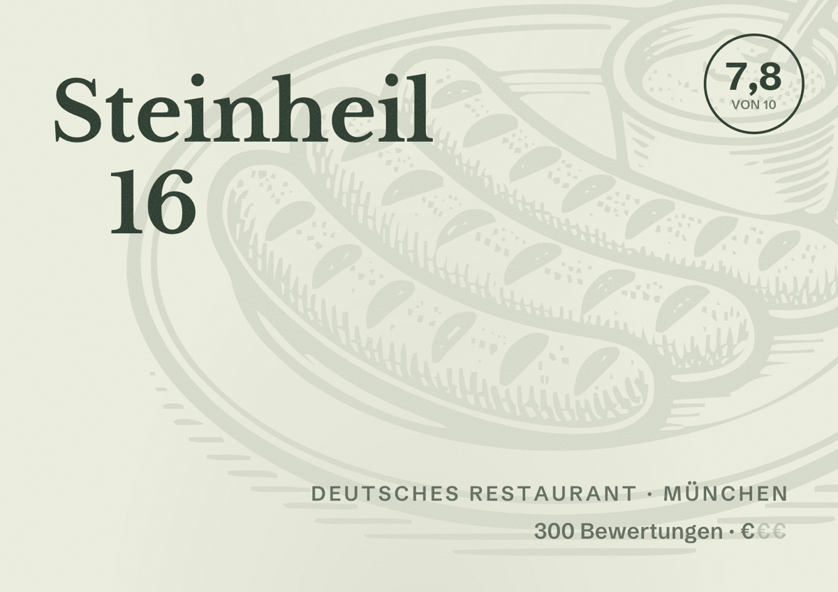 Illustriertes Poster von Steinheil 16, Deutsches Restaurant in München: Bewertung 7,8 von 10 aus 300 Bewertungen, Preisniveau €