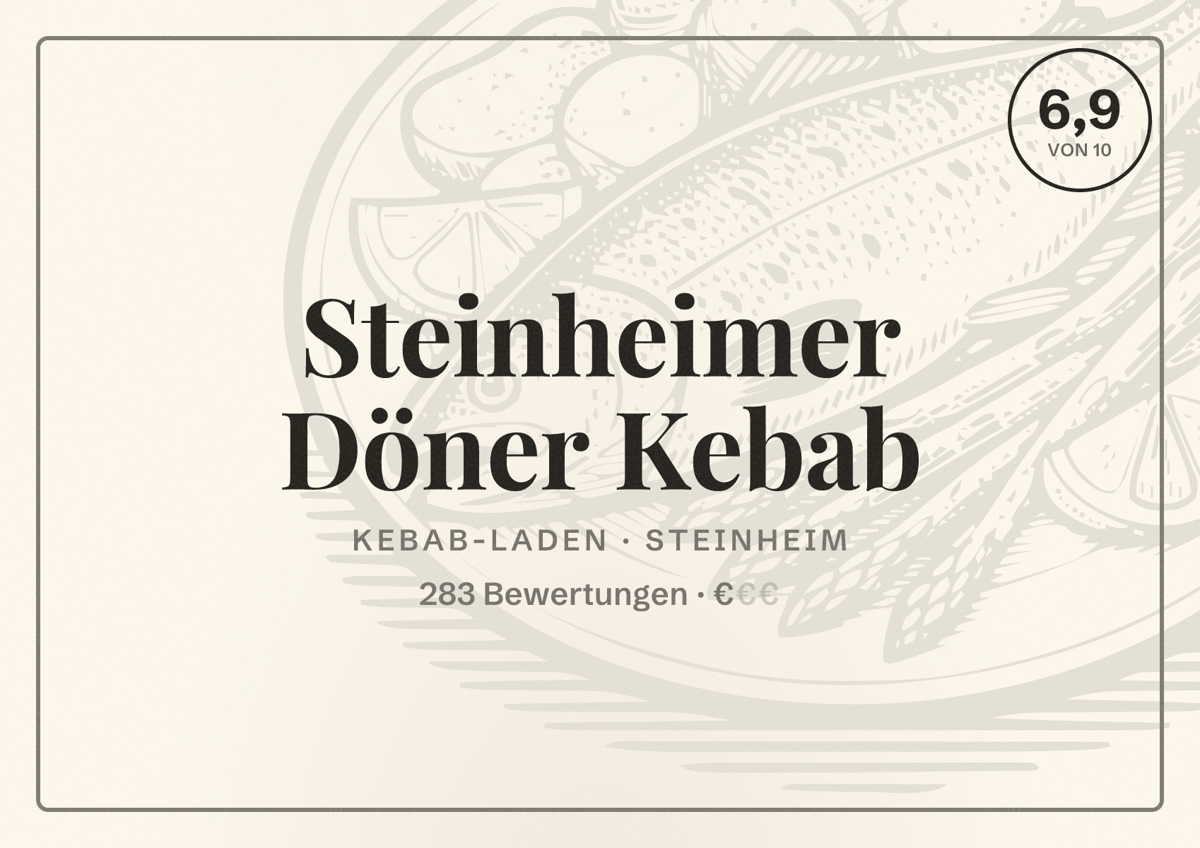 Illustriertes Poster von Steinheimer Döner Kebab, Kebab-Laden in Steinheim: Bewertung 6,9 von 10 aus 283 Bewertungen, Preisniveau €