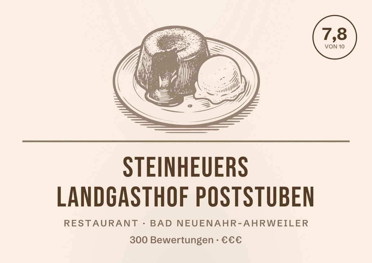 Illustriertes Poster von Steinheuers Landgasthof Poststuben, Restaurant in Bad Neuenahr-Ahrweiler: Bewertung 7,8 von 10 aus 300 Bewertungen, Preisniveau €€€