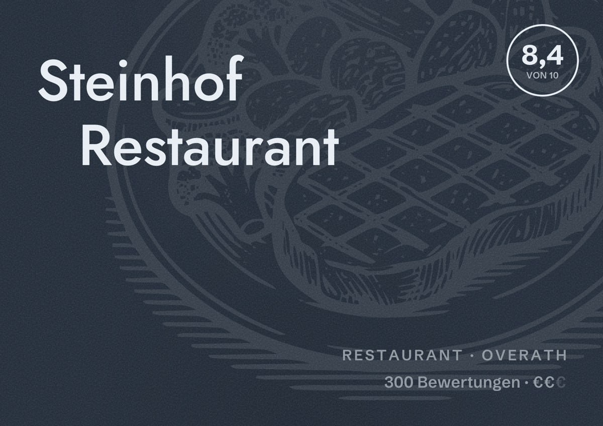 Illustriertes Poster von Steinhof Restaurant, Restaurant in Overath: Bewertung 8,4 von 10 aus 300 Bewertungen, Preisniveau €€