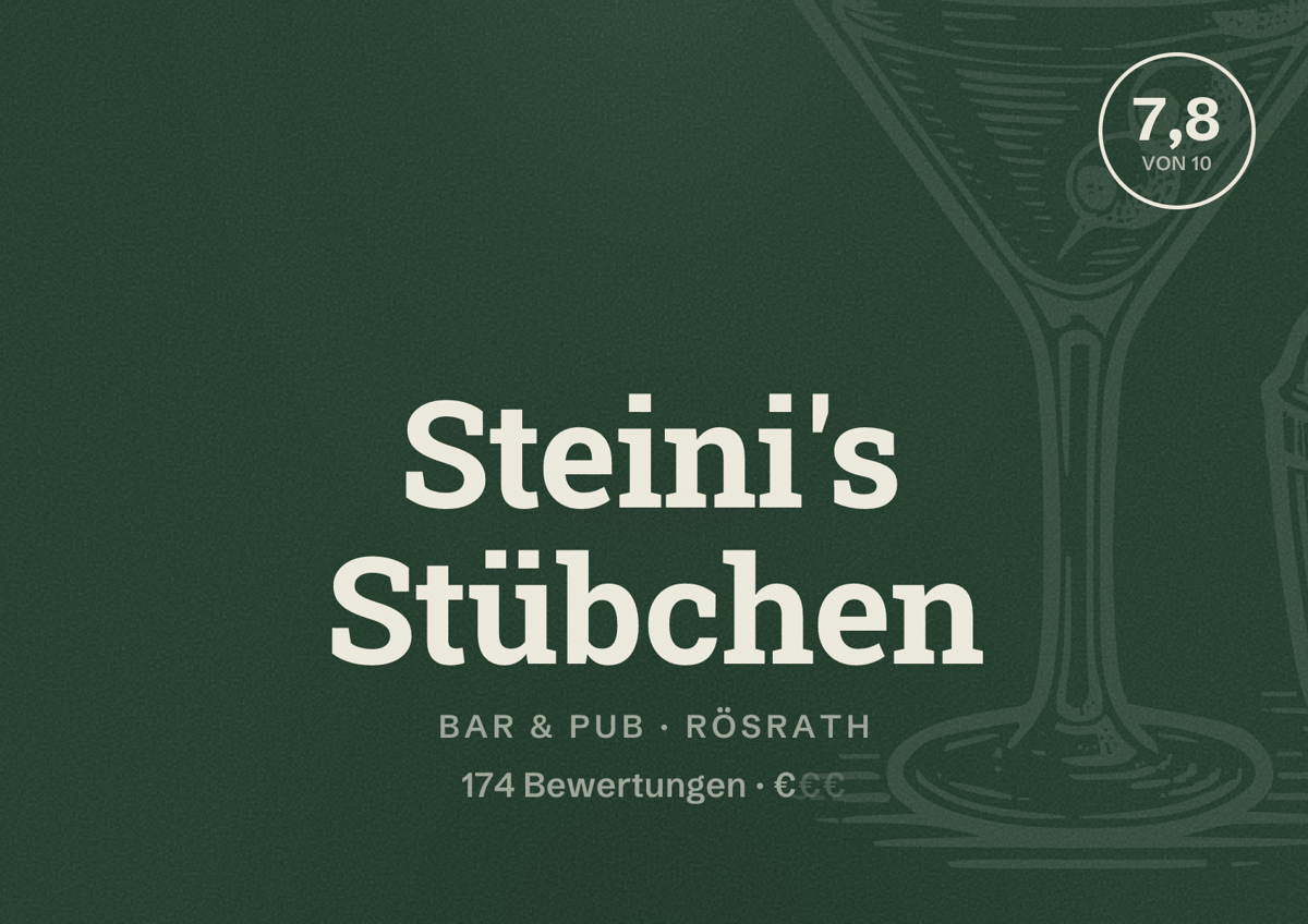 Illustriertes Poster von Steini's Stübchen, Bar & Pub in Rösrath: Bewertung 7,8 von 10 aus 174 Bewertungen, Preisniveau €
