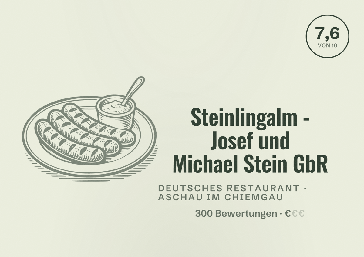 Illustriertes Poster von Steinlingalm - Josef und Michael Stein GbR, Deutsches Restaurant in Aschau im Chiemgau: Bewertung 7,6 von 10 aus 300 Bewertungen, Preisniveau €