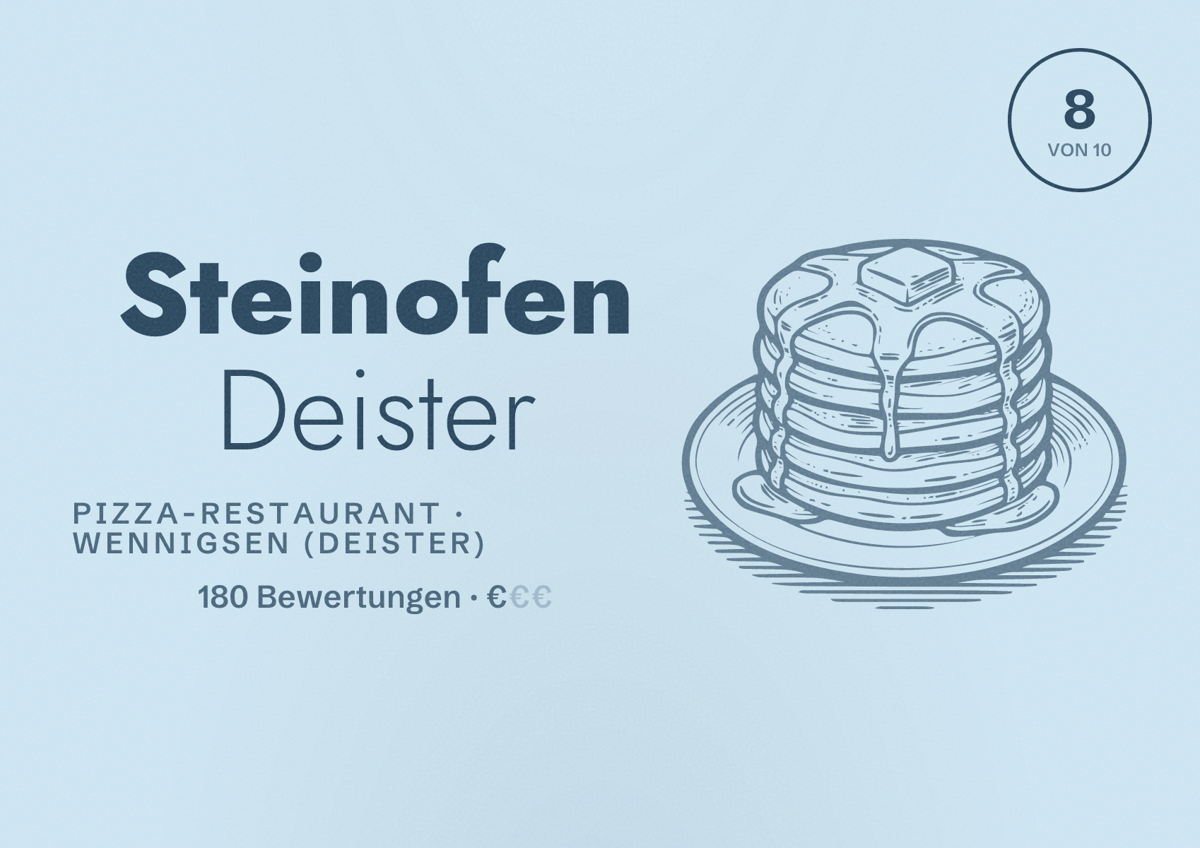 Illustriertes Poster von Steinofen Deister, Pizza-Restaurant in Wennigsen (Deister): Bewertung 8 von 10 aus 180 Bewertungen, Preisniveau €
