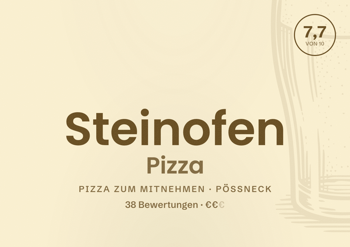 Illustriertes Poster von Steinofen Pizza, Pizza zum Mitnehmen in Pößneck: Bewertung 7,7 von 10 aus 38 Bewertungen, Preisniveau €€