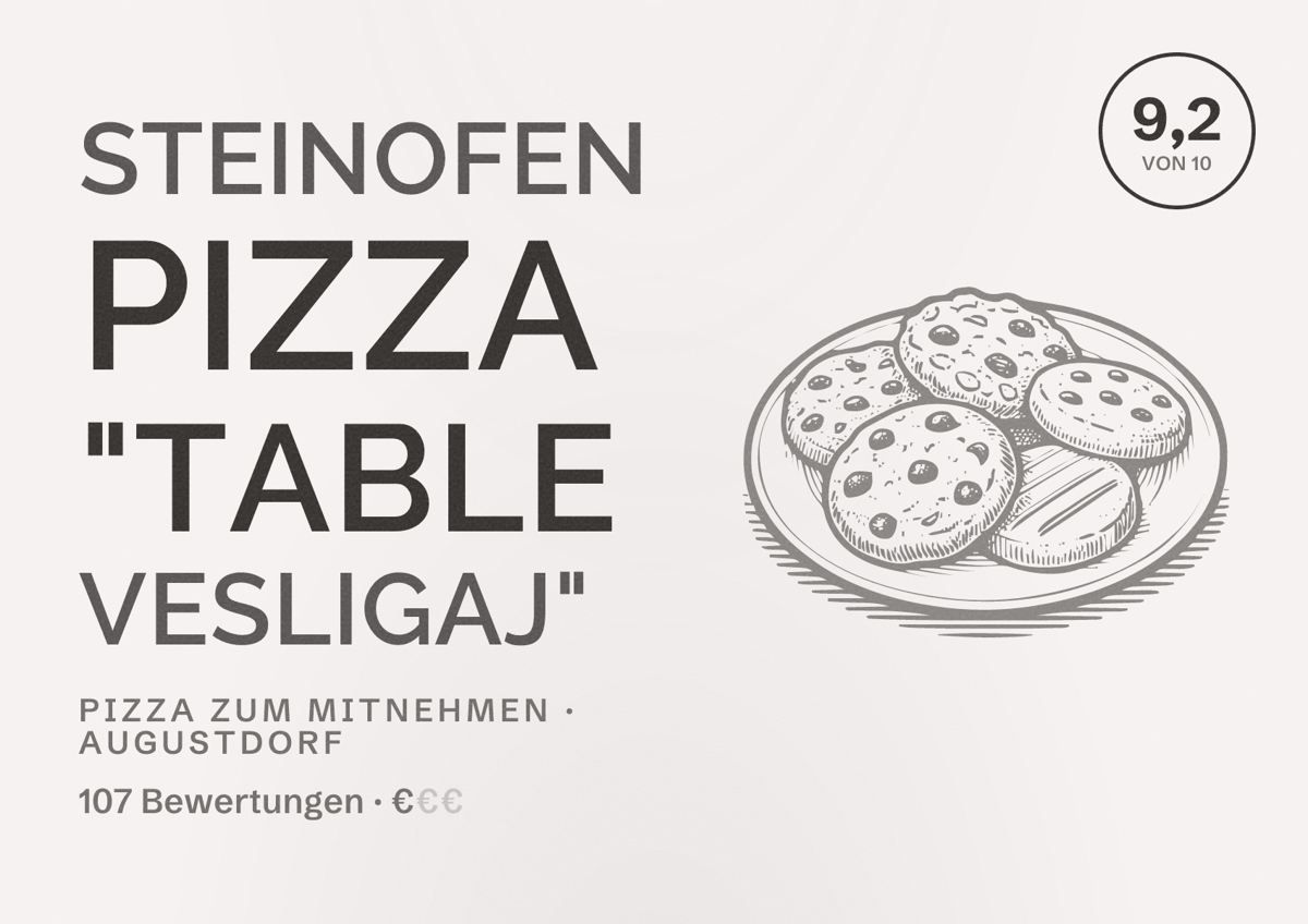 Illustriertes Poster von Steinofen Pizza "Table Vesligaj", Pizza zum Mitnehmen in Augustdorf: Bewertung 9,2 von 10 aus 107 Bewertungen, Preisniveau €
