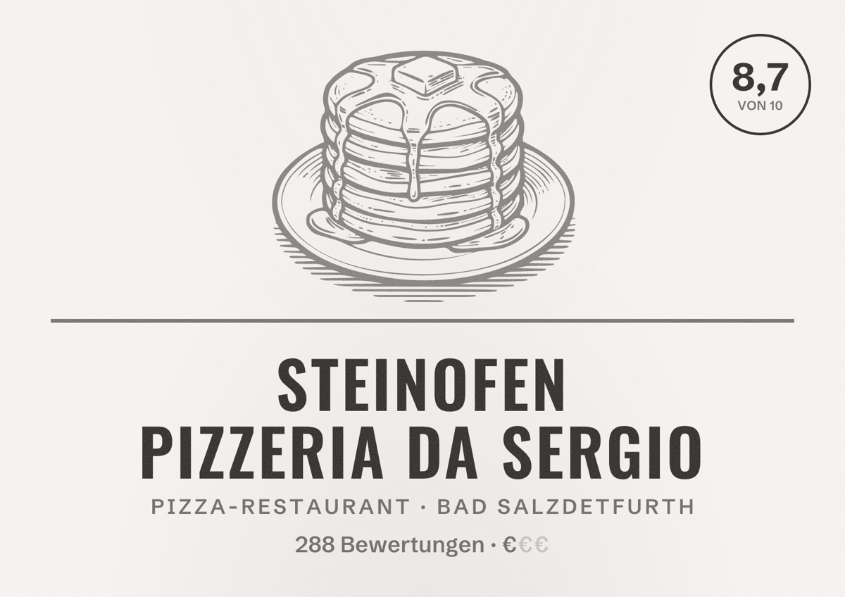 Illustriertes Poster von Steinofen Pizzeria da sergio, Pizza-Restaurant in Bad Salzdetfurth: Bewertung 8,7 von 10 aus 288 Bewertungen, Preisniveau €