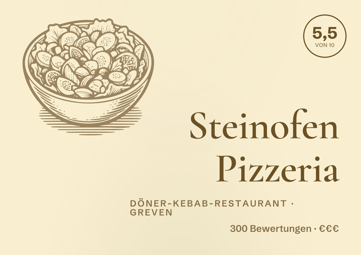 Illustriertes Poster von Steinofen Pizzeria, Döner-Kebab-Restaurant in Greven: Bewertung 5,5 von 10 aus 300 Bewertungen, Preisniveau €€€