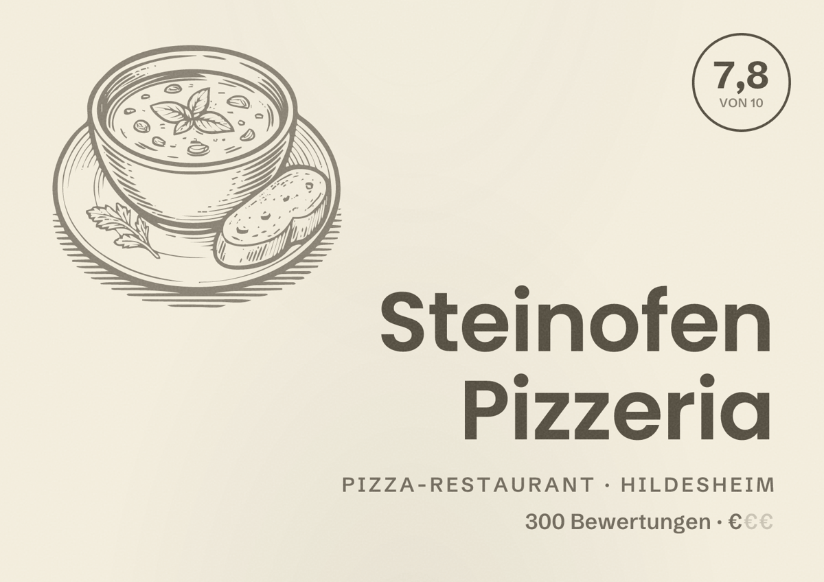 Illustriertes Poster von Steinofen Pizzeria, Pizza-Restaurant in Hildesheim: Bewertung 7,8 von 10 aus 300 Bewertungen, Preisniveau €