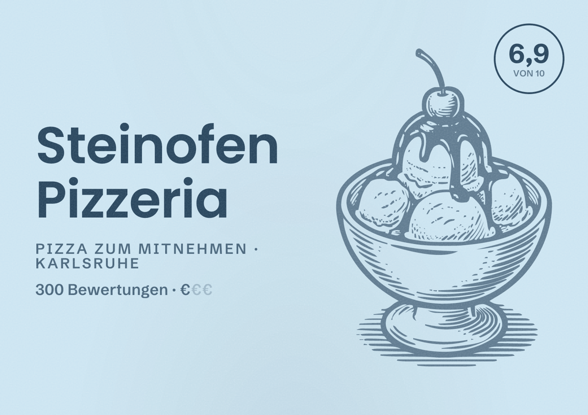 Illustriertes Poster von Steinofen Pizzeria, Pizza zum Mitnehmen in Karlsruhe: Bewertung 6,9 von 10 aus 300 Bewertungen, Preisniveau €