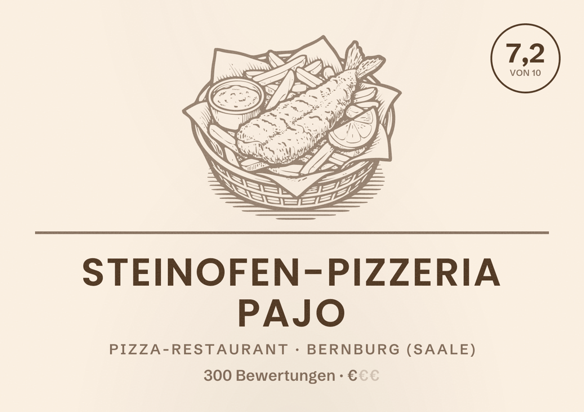 Illustriertes Poster von Steinofen-Pizzeria PAJO, Pizza-Restaurant in Bernburg (Saale): Bewertung 7,2 von 10 aus 300 Bewertungen, Preisniveau €