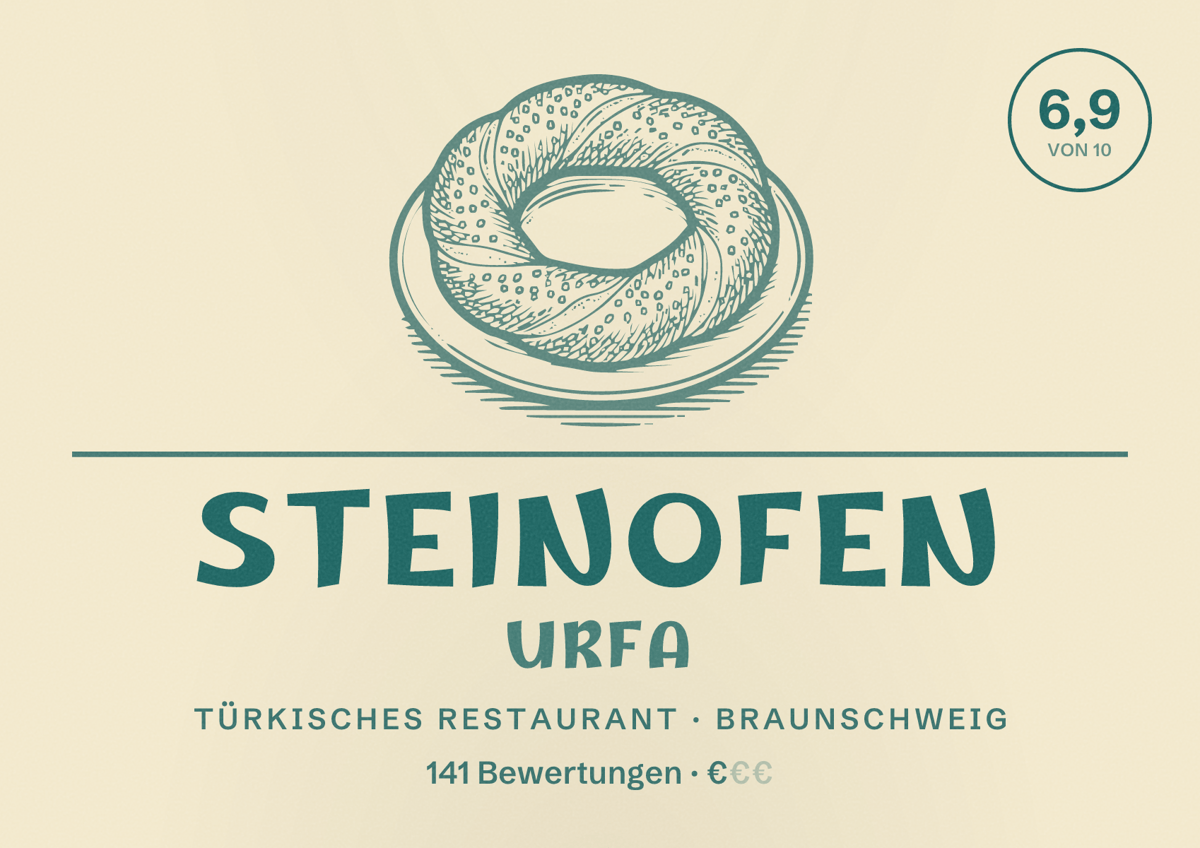Illustriertes Poster von Steinofen Urfa, Türkisches Restaurant in Braunschweig: Bewertung 6,9 von 10 aus 141 Bewertungen, Preisniveau €