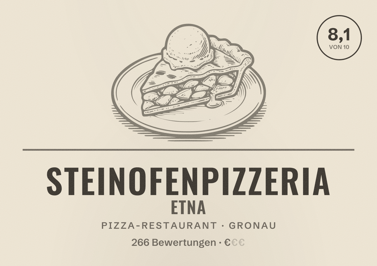 Illustriertes Poster von Steinofenpizzeria Etna, Pizza-Restaurant in Gronau: Bewertung 8,1 von 10 aus 266 Bewertungen, Preisniveau €