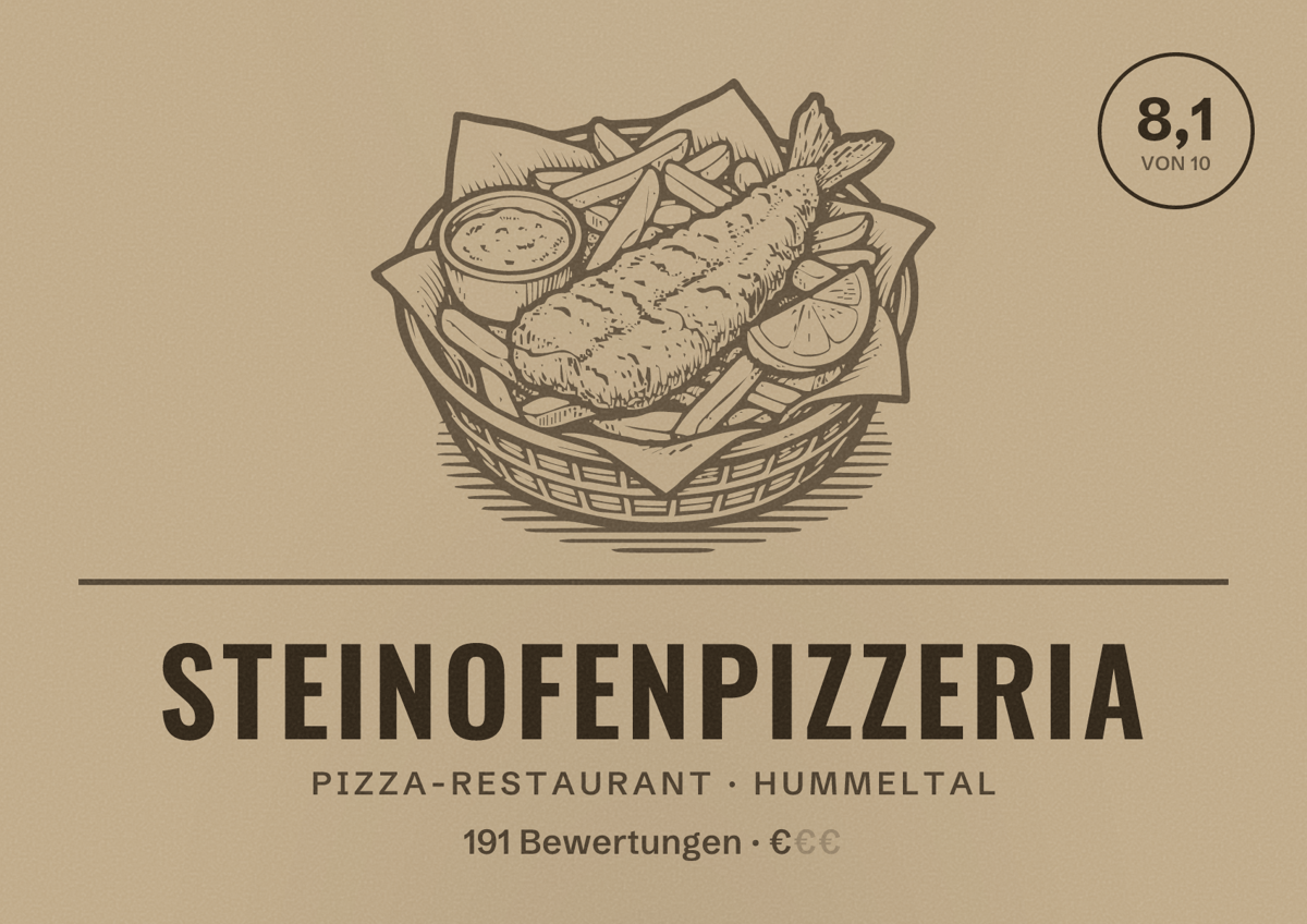 Illustriertes Poster von Steinofenpizzeria, Pizza-Restaurant in Hummeltal: Bewertung 8,1 von 10 aus 191 Bewertungen, Preisniveau €