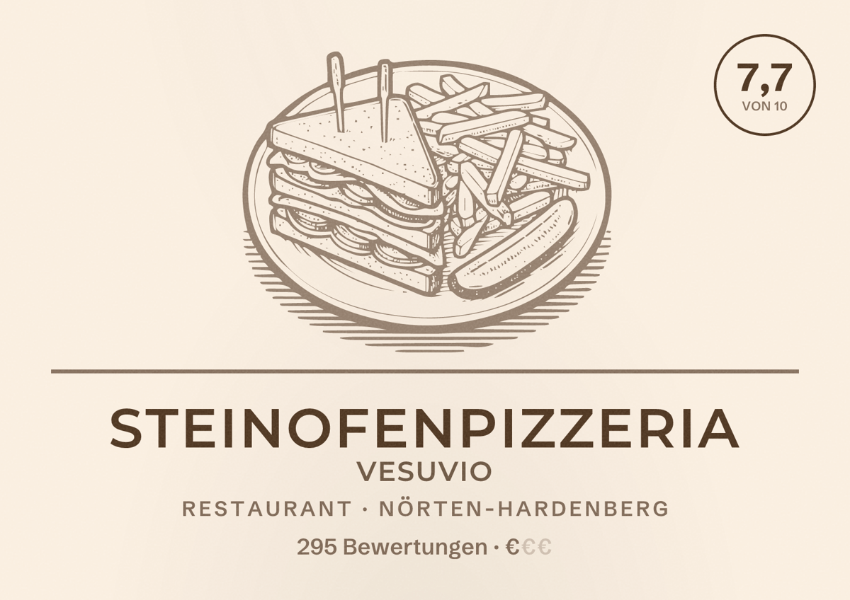 Illustriertes Poster von Steinofenpizzeria Vesuvio, Restaurant in Nörten-Hardenberg: Bewertung 7,7 von 10 aus 295 Bewertungen, Preisniveau €