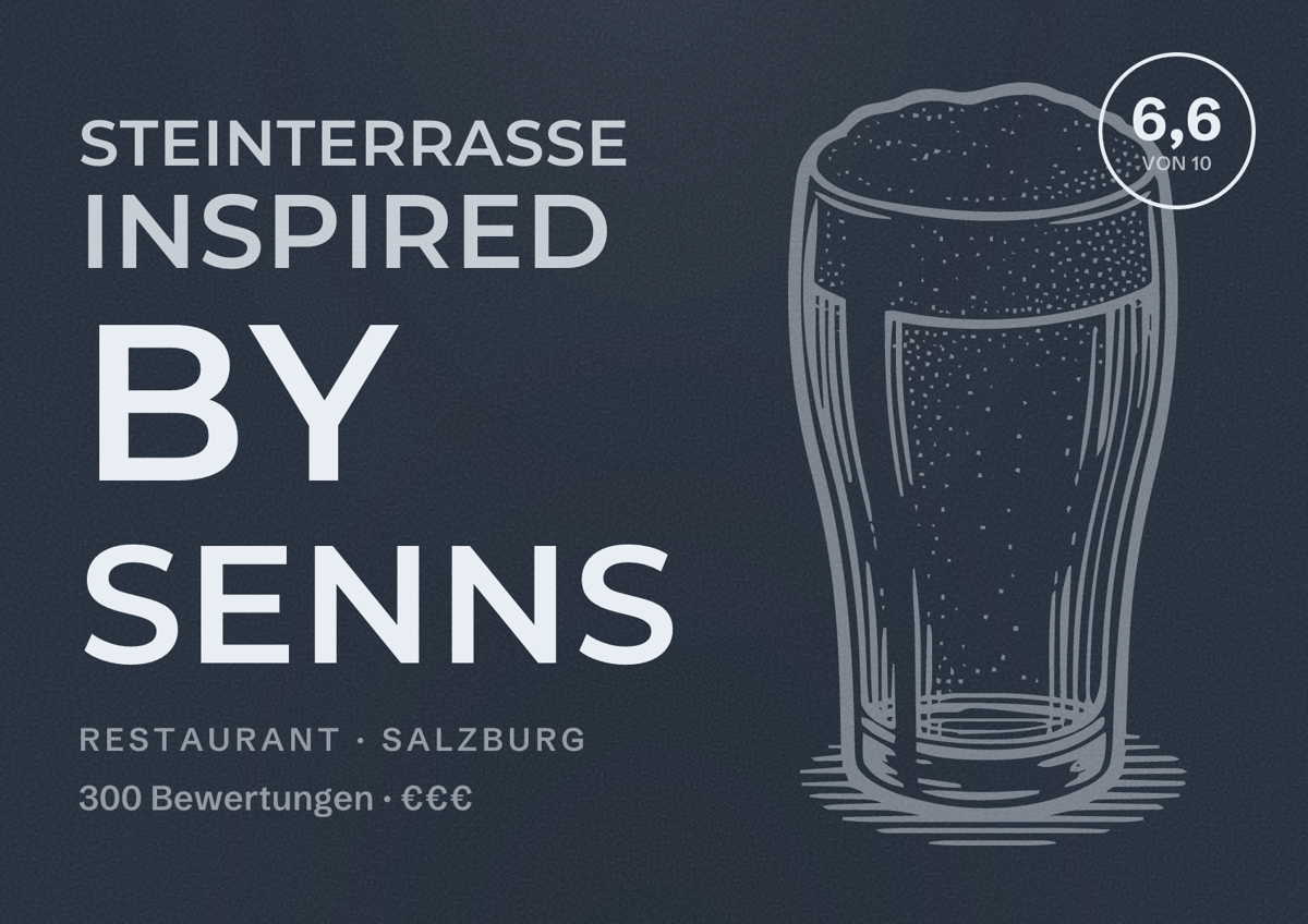Illustriertes Poster von Steinterrasse inspired by Senns, Restaurant in Salzburg: Bewertung 6,6 von 10 aus 300 Bewertungen, Preisniveau €€€