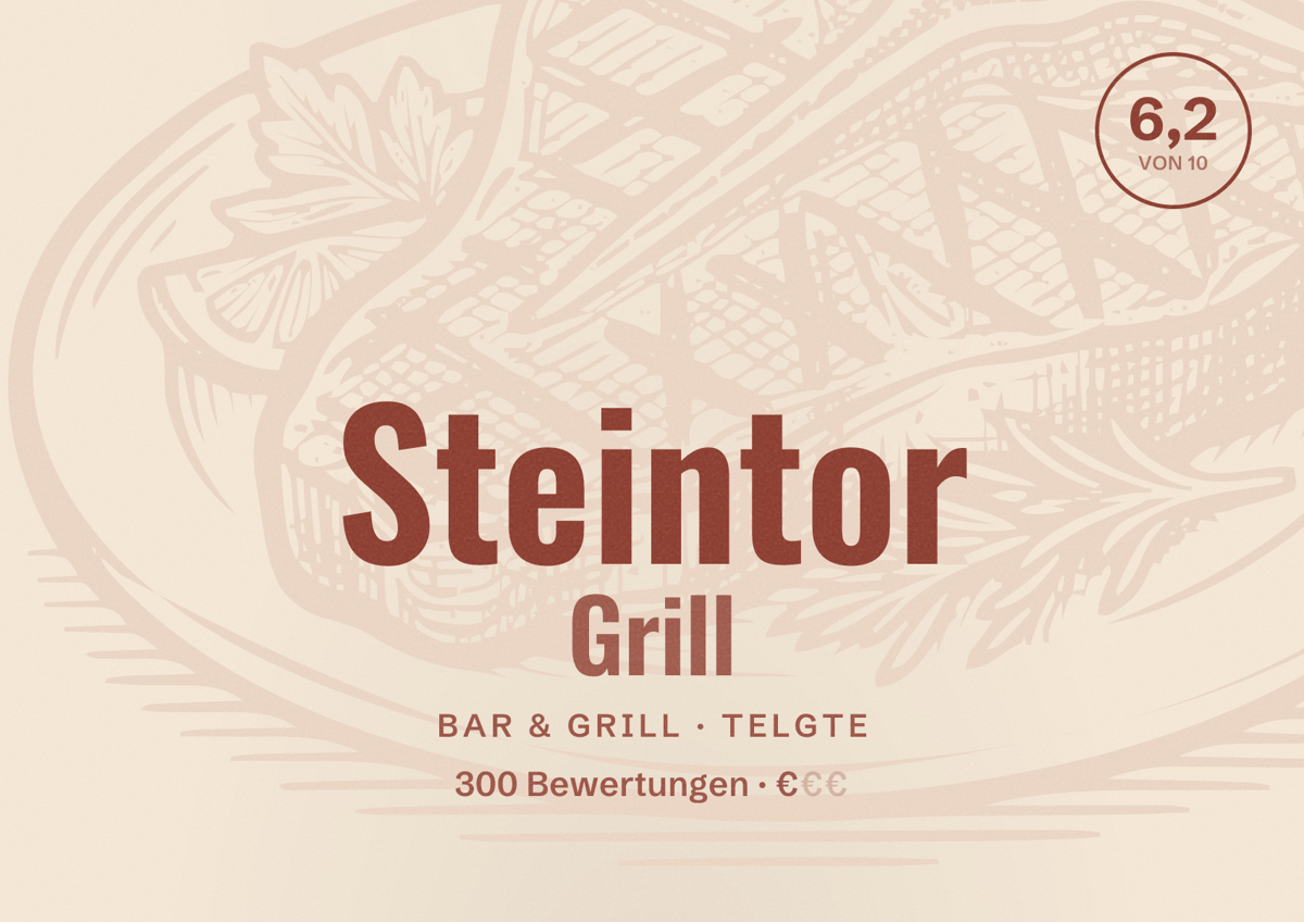 Illustriertes Poster von Steintor Grill, Bar & Grill in Telgte: Bewertung 6,2 von 10 aus 300 Bewertungen, Preisniveau €