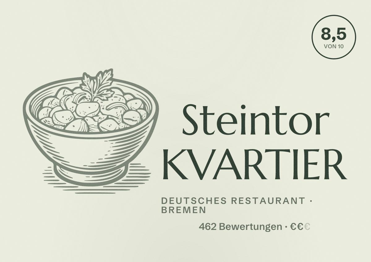 Illustriertes Poster von Steintor KVARTIER, Deutsches Restaurant in Bremen: Gästebewertung 8,5 von 10 aus 462 Bewertungen