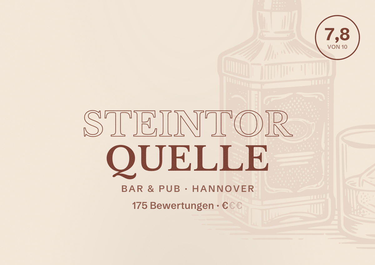 Illustriertes Poster von Steintor Quelle, Bar & Pub in Hannover: Bewertung 7,8 von 10 aus 175 Bewertungen, Preisniveau €