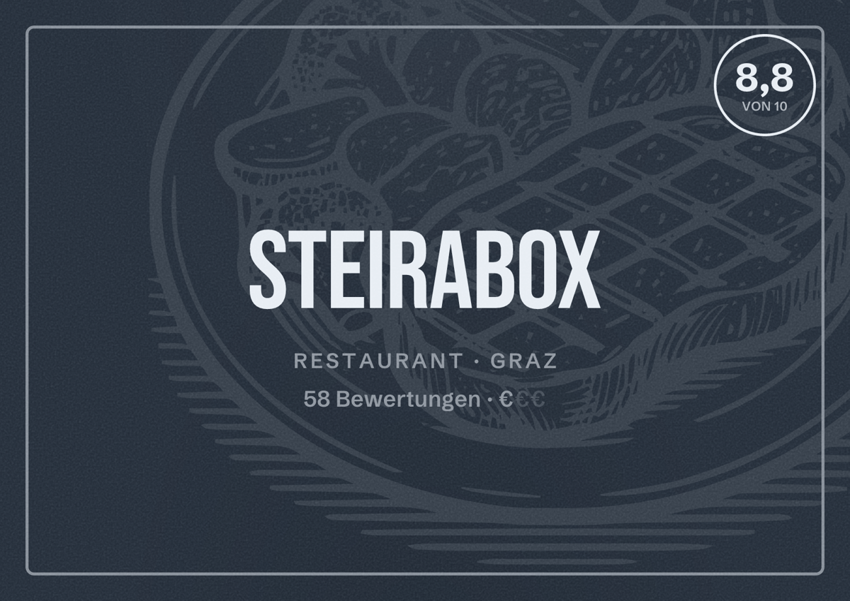 Illustriertes Poster von Steirabox, Restaurant in Graz: Bewertung 8,8 von 10 aus 58 Bewertungen, Preisniveau €