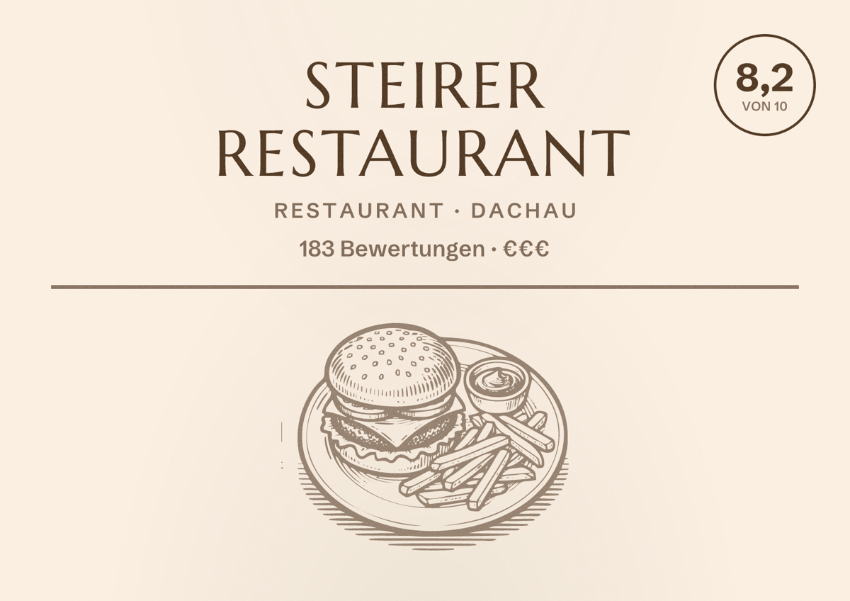Illustriertes Poster von Steirer Restaurant, Restaurant in Dachau: Bewertung 8,2 von 10 aus 183 Bewertungen, Preisniveau €€€