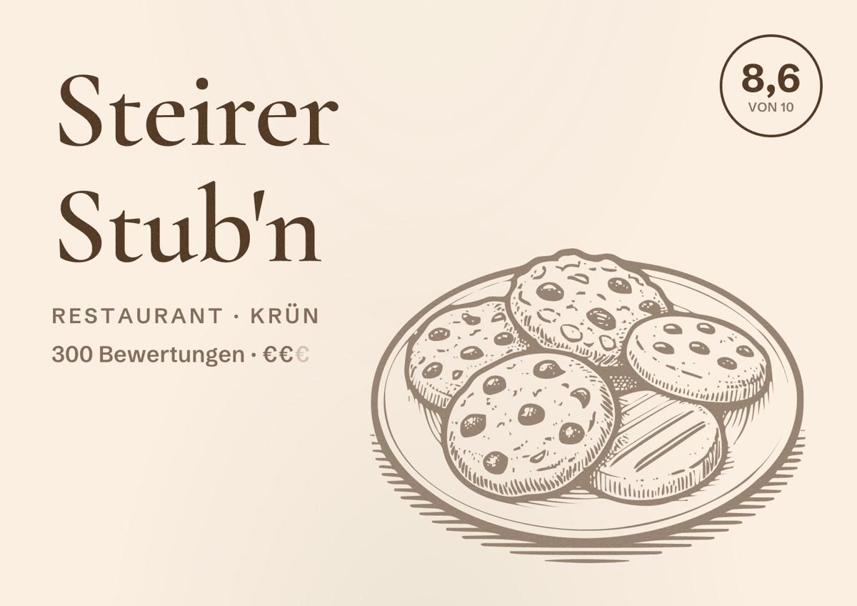 Illustriertes Poster von Steirer Stub'n, Restaurant in Krün: Bewertung 8,6 von 10 aus 300 Bewertungen, Preisniveau €€