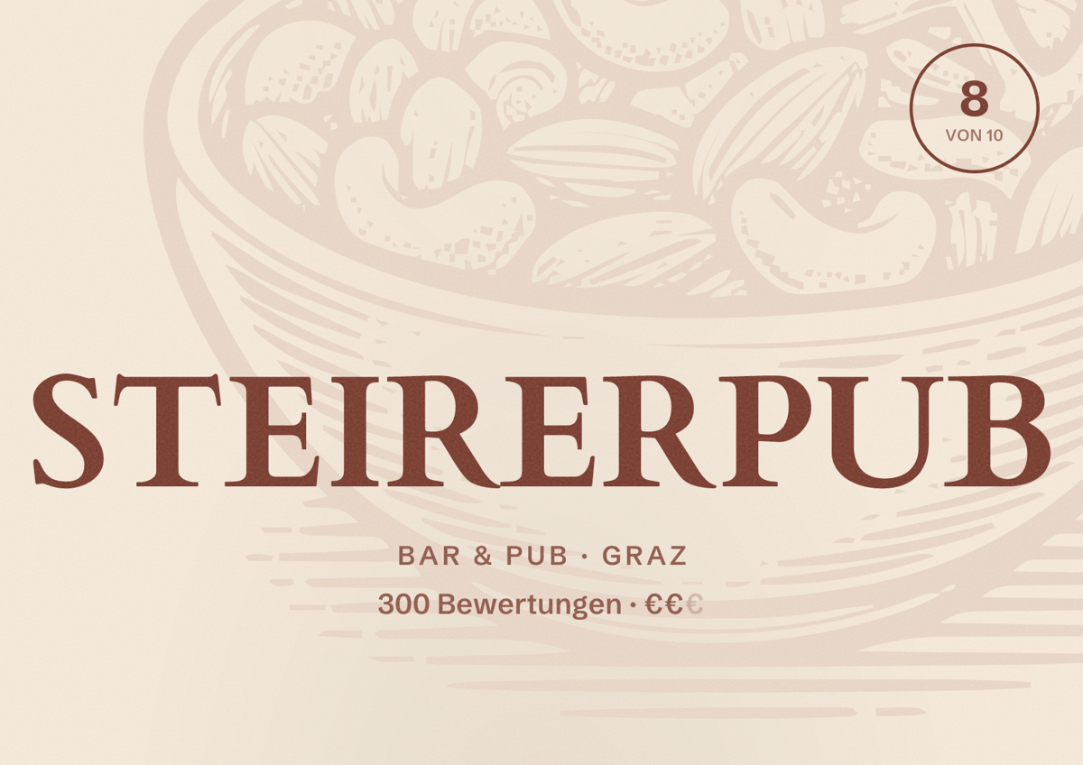 Illustriertes Poster von STEIRERPUB, Bar & Pub in Graz: Bewertung 8 von 10 aus 300 Bewertungen, Preisniveau €€