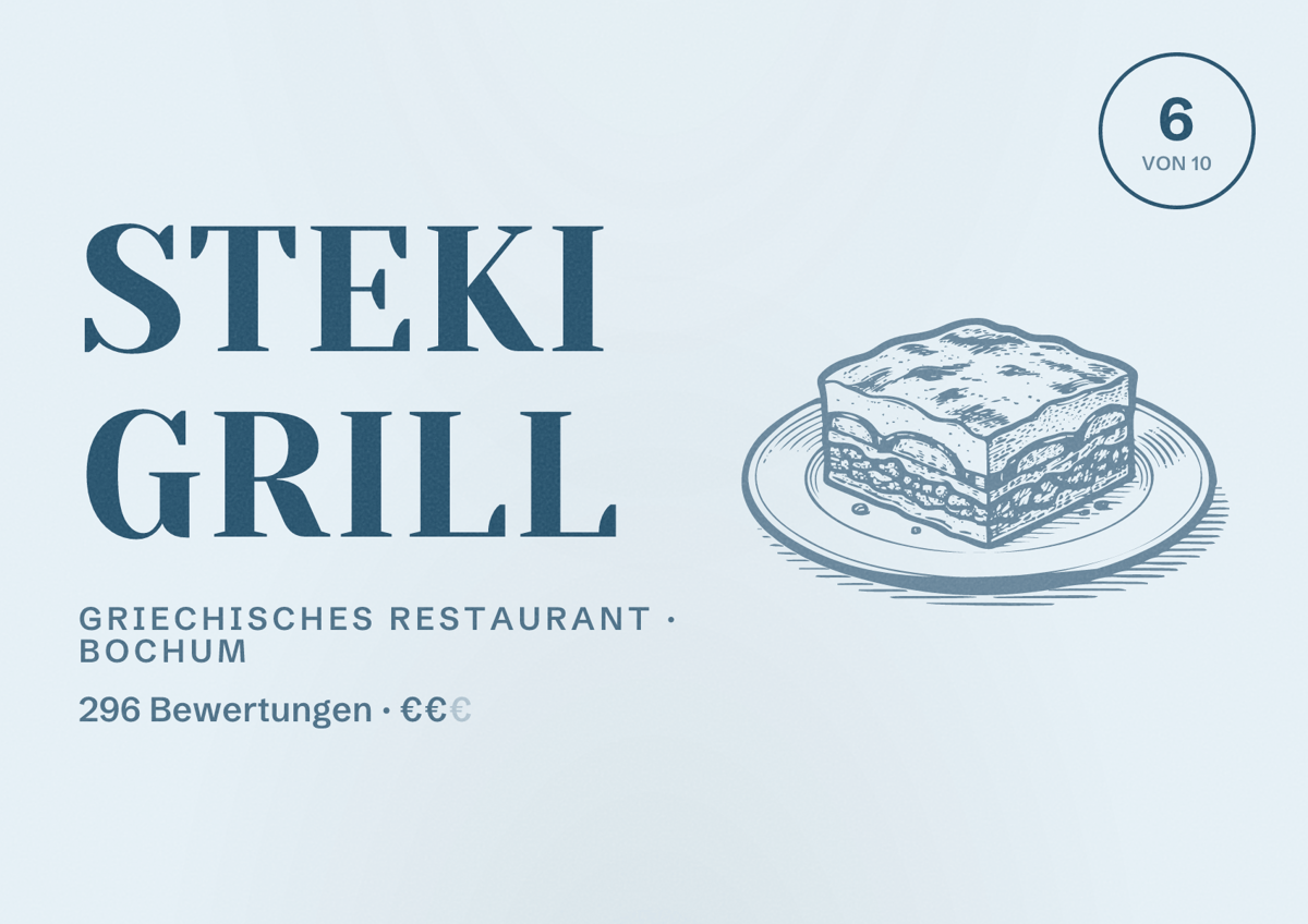 Illustriertes Poster von Steki Grill, Griechisches Restaurant in Bochum: Bewertung 6 von 10 aus 296 Bewertungen, Preisniveau €€
