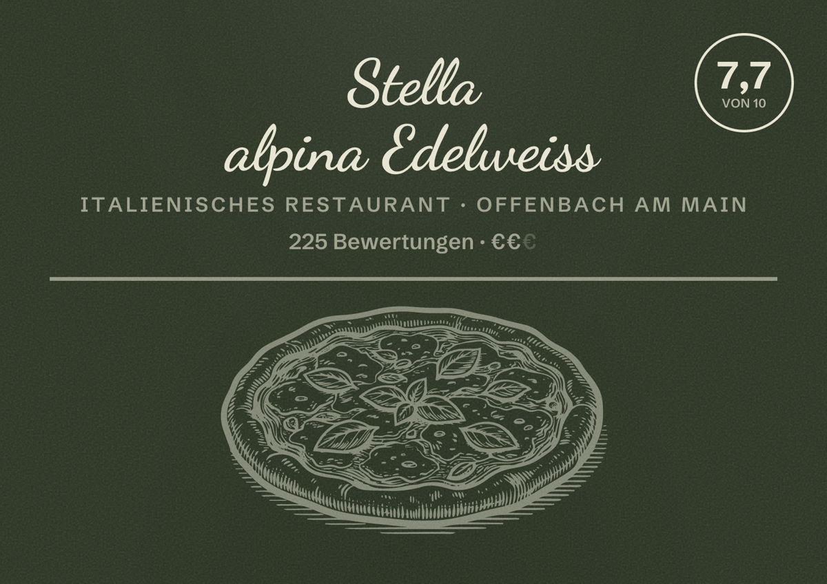 Illustriertes Poster von Stella alpina Edelweiss, Italienisches Restaurant in Offenbach am Main: Bewertung 7,7 von 10 aus 225 Bewertungen, Preisniveau €€