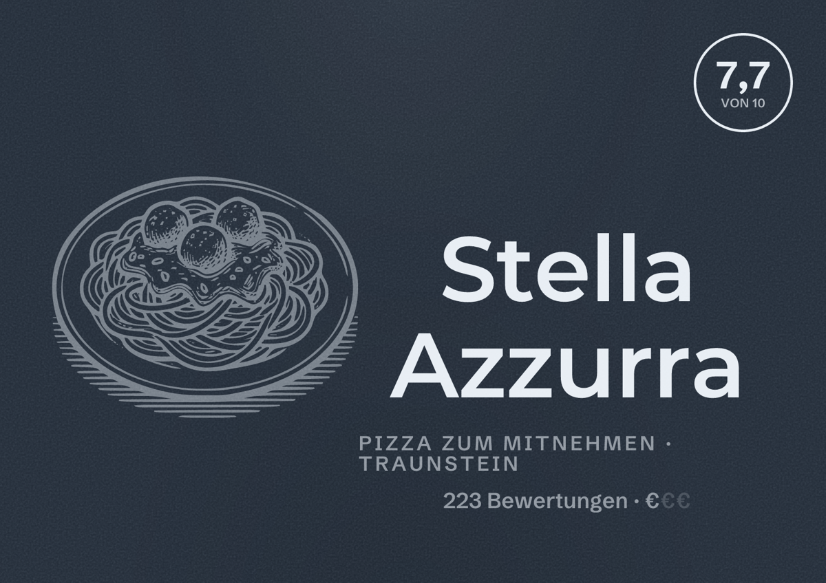 Illustriertes Poster von Stella Azzurra, Pizza zum Mitnehmen in Traunstein: Bewertung 7,7 von 10 aus 223 Bewertungen, Preisniveau €