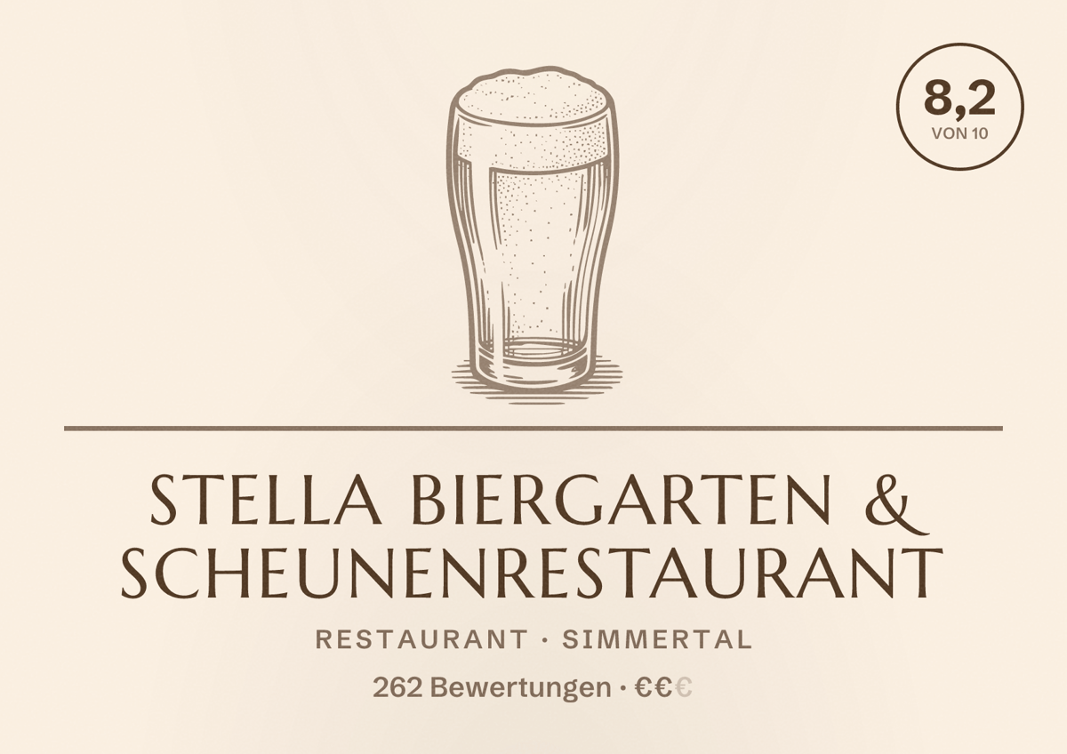 Illustriertes Poster von Stella Biergarten & Scheunenrestaurant, Restaurant in Simmertal: Bewertung 8,2 von 10 aus 262 Bewertungen, Preisniveau €€