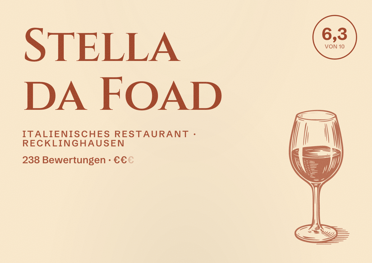 Illustriertes Poster von Stella da Foad, Italienisches Restaurant in Recklinghausen: Bewertung 6,3 von 10 aus 238 Bewertungen, Preisniveau €€