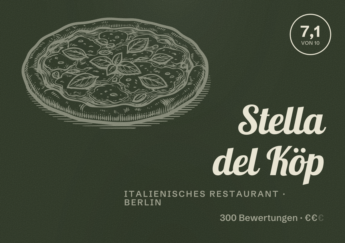 Illustriertes Poster von Stella del Köp, Italienisches Restaurant in Berlin: Bewertung 7,1 von 10 aus 300 Bewertungen, Preisniveau €€