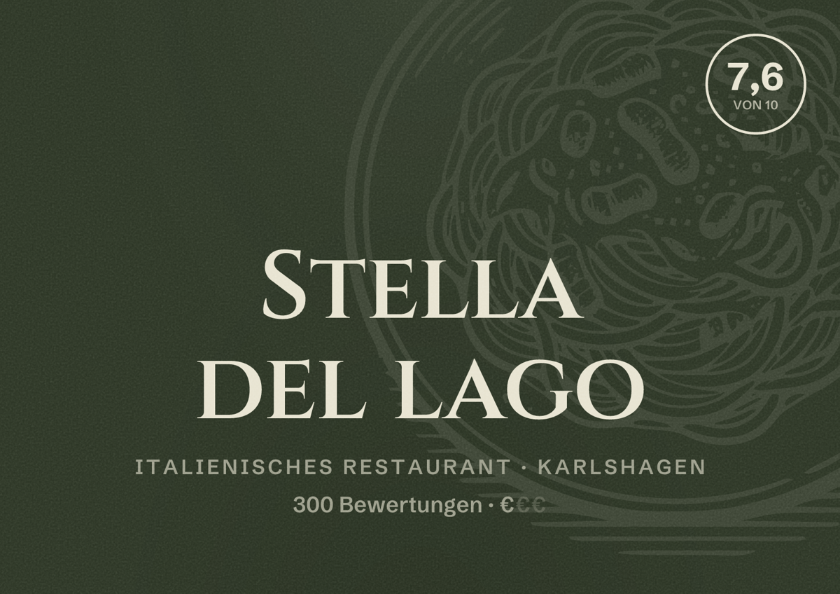 Illustriertes Poster von Stella del lago, Italienisches Restaurant in Karlshagen: Bewertung 7,6 von 10 aus 300 Bewertungen, Preisniveau €