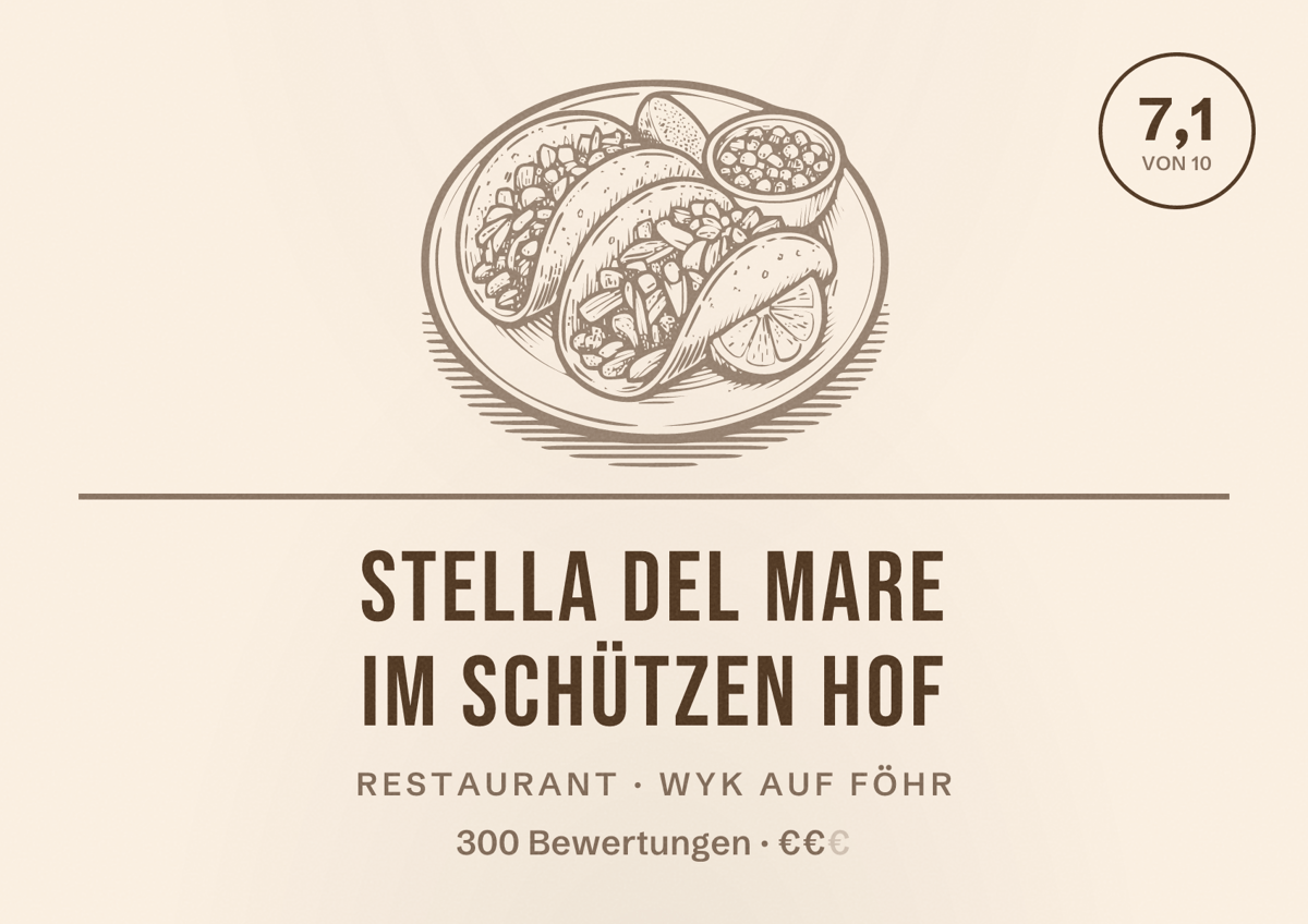 Illustriertes Poster von Stella del Mare Im Schützen Hof, Restaurant in Wyk auf Föhr: Bewertung 7,1 von 10 aus 300 Bewertungen, Preisniveau €€