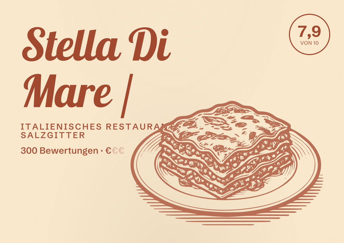 Illustriertes Poster von Stella Di Mare /, Italienisches Restaurant in Salzgitter: Bewertung 7,9 von 10 aus 300 Bewertungen, Preisniveau €