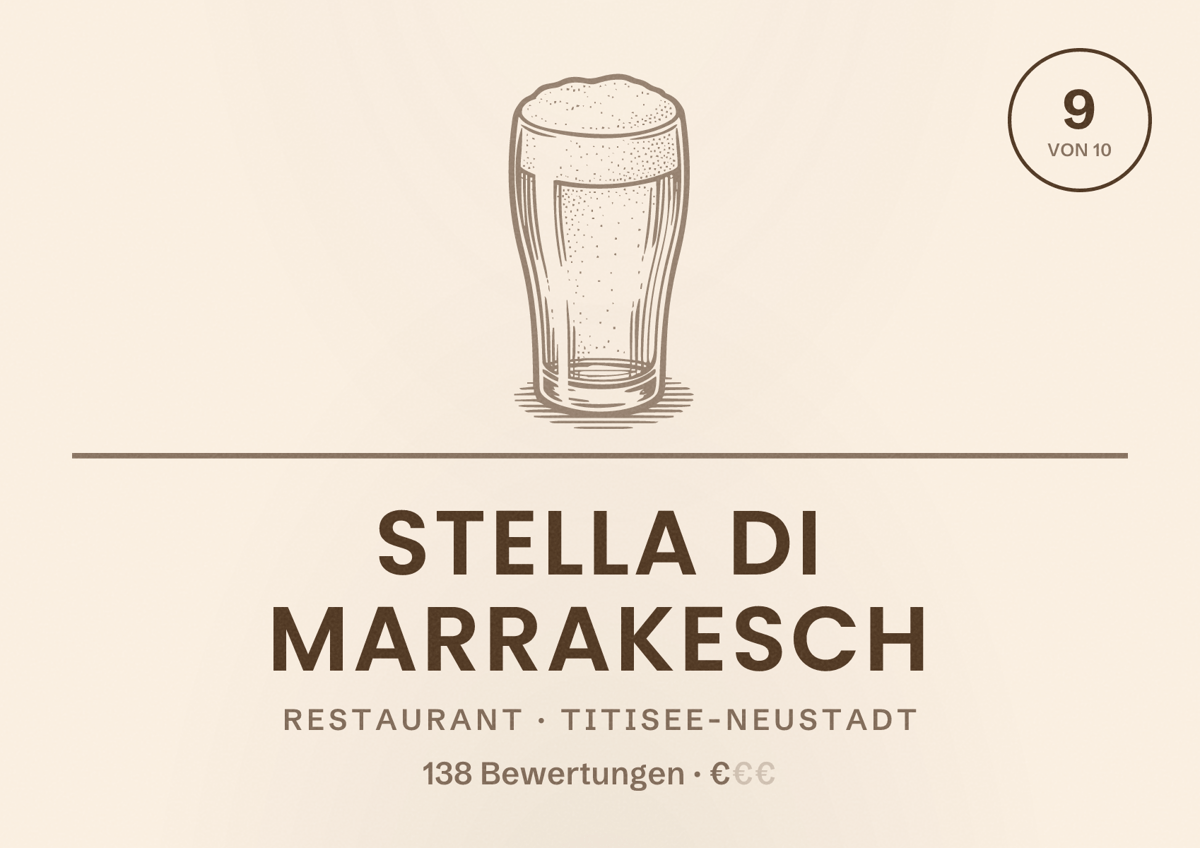 Illustriertes Poster von Stella di Marrakesch, Restaurant in Titisee-Neustadt: Bewertung 9 von 10 aus 138 Bewertungen, Preisniveau €