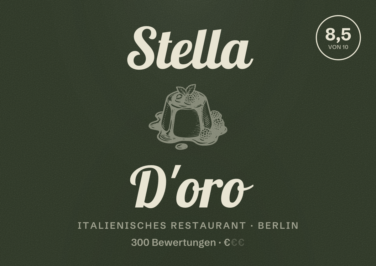 Illustriertes Poster von Stella D'oro, Italienisches Restaurant in Berlin: Bewertung 8,5 von 10 aus 300 Bewertungen, Preisniveau €