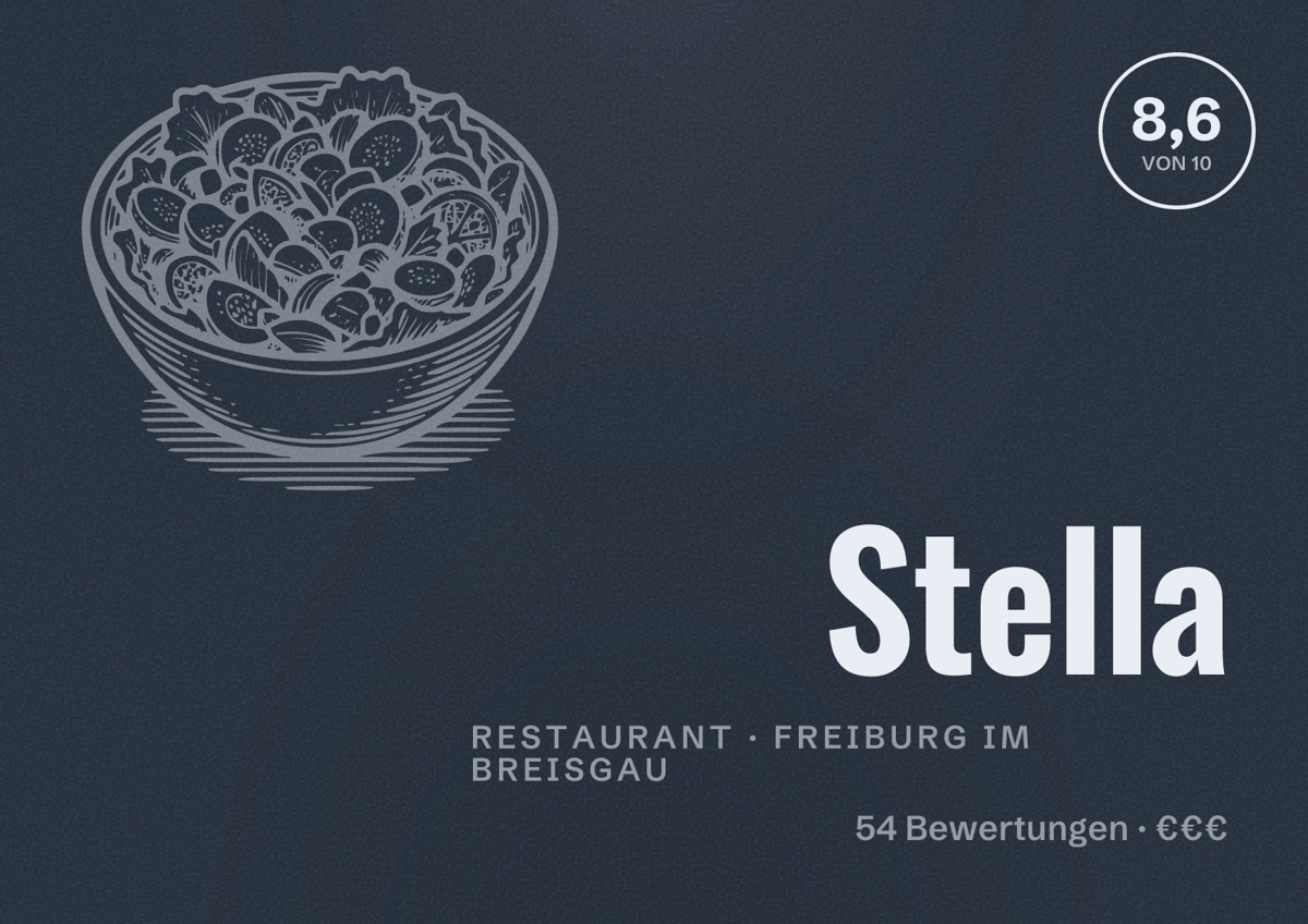 Illustriertes Poster von Stella, Restaurant in Freiburg im Breisgau: Bewertung 8,6 von 10 aus 54 Bewertungen, Preisniveau €€€