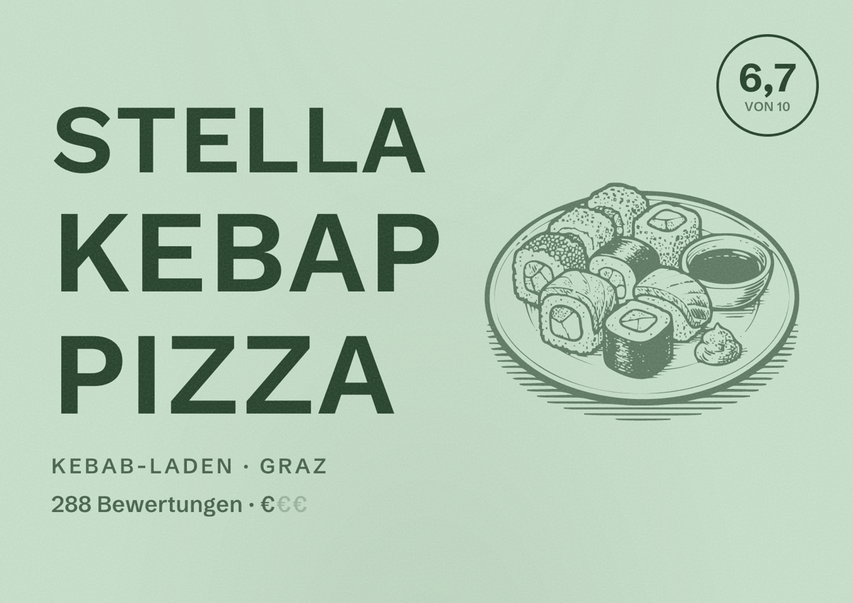 Illustriertes Poster von Stella Kebap Pizza, Kebab-Laden in Graz: Bewertung 6,7 von 10 aus 288 Bewertungen, Preisniveau €