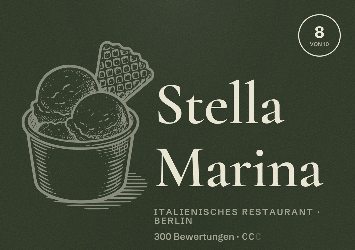 Illustriertes Poster von Stella Marina, Italienisches Restaurant in Berlin: Bewertung 8,0 von 10 aus 300 Bewertungen, Preisniveau €€