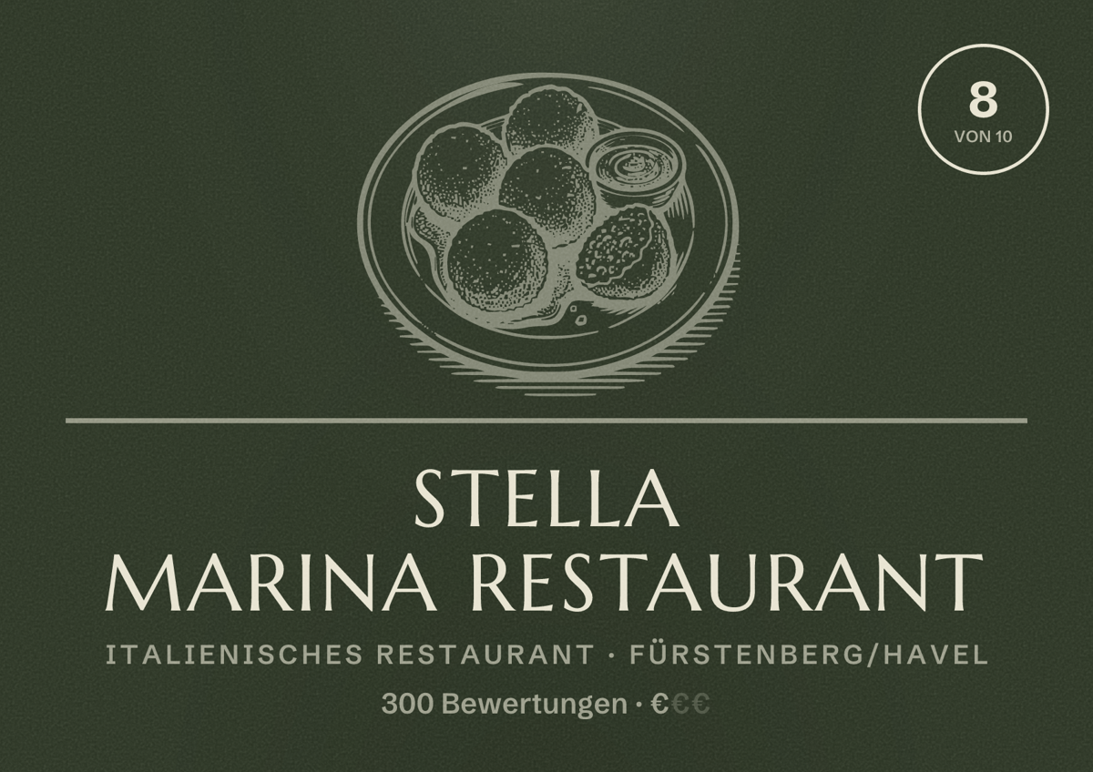 Illustriertes Poster von Stella Marina Restaurant, Italienisches Restaurant in Fürstenberg/Havel: Bewertung 8 von 10 aus 300 Bewertungen, Preisniveau €
