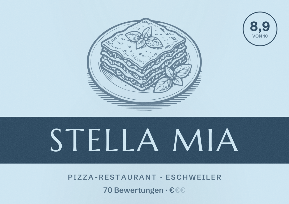 Illustriertes Poster von Stella Mia, Pizza-Restaurant in Eschweiler: Bewertung 8,9 von 10 aus 70 Bewertungen, Preisniveau €