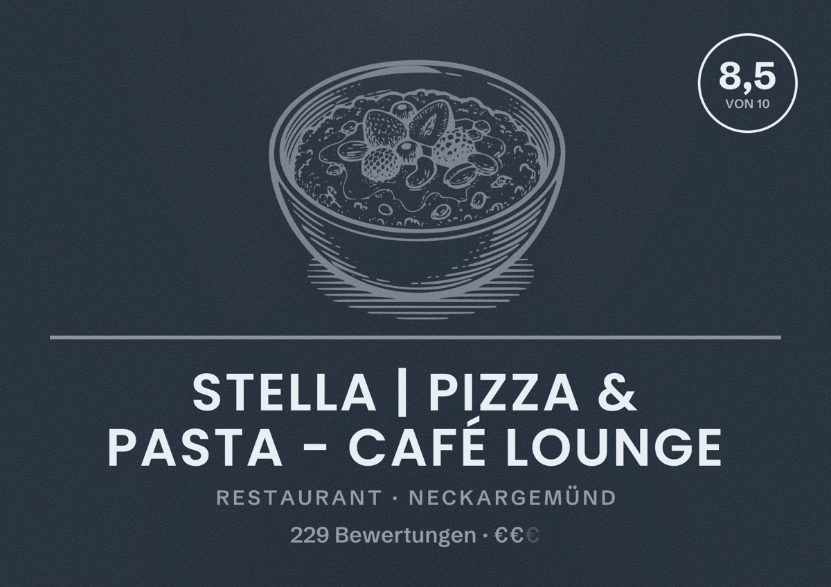 Illustriertes Poster von Stella | Pizza & Pasta - Café Lounge, Restaurant in Neckargemünd: Bewertung 8,5 von 10 aus 229 Bewertungen, Preisniveau €€