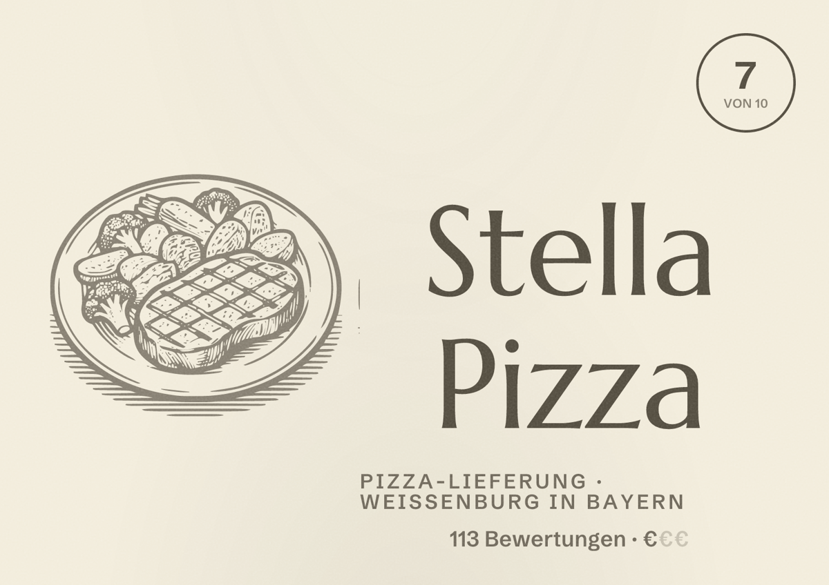 Illustriertes Poster von Stella Pizza, Pizza-Lieferung in Weißenburg in Bayern: Bewertung 7 von 10 aus 113 Bewertungen, Preisniveau €