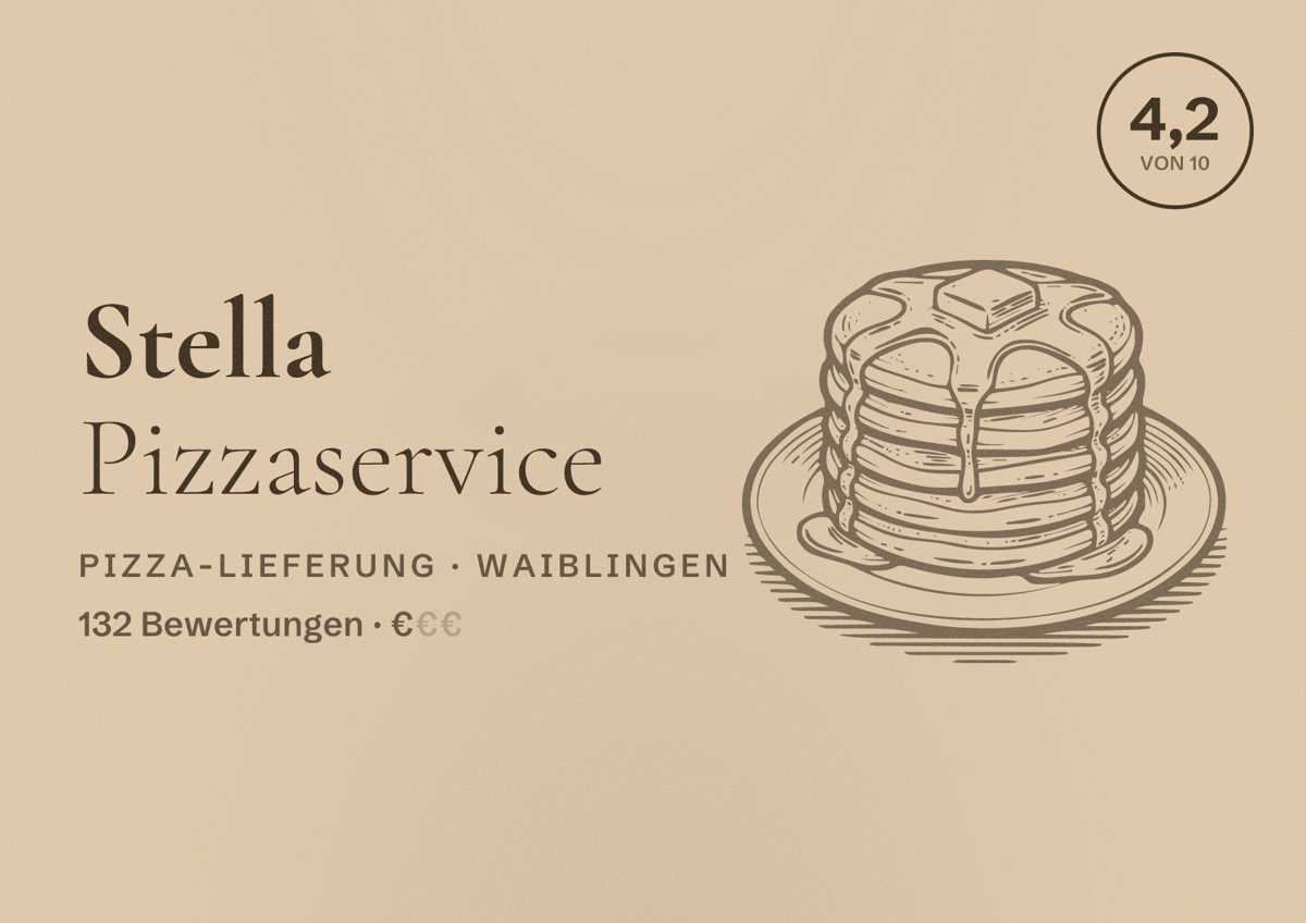 Illustriertes Poster von Stella Pizzaservice, Pizza-Lieferung in Waiblingen: Bewertung 4,2 von 10 aus 132 Bewertungen, Preisniveau €