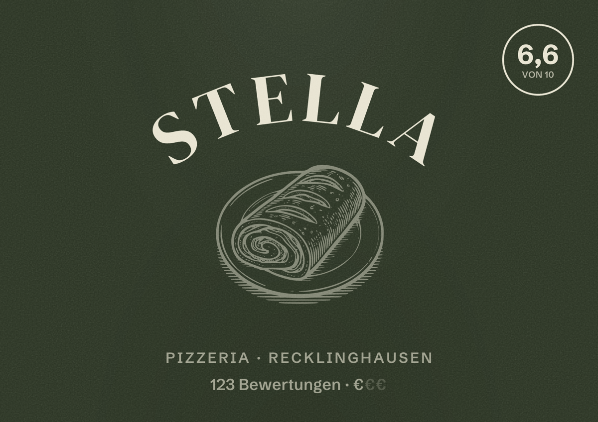 Illustriertes Poster von Stella, Pizzeria in Recklinghausen: Bewertung 6,6 von 10 aus 123 Bewertungen, Preisniveau €