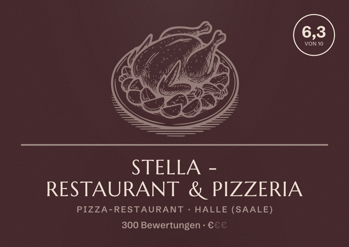 Illustriertes Poster von Stella - Restaurant & Pizzeria, Pizza-Restaurant in Halle (Saale): Bewertung 6,3 von 10 aus 300 Bewertungen, Preisniveau €