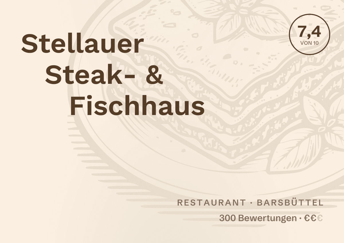 Illustriertes Poster von Stellauer Steak- & Fischhaus, Restaurant in Barsbüttel: Bewertung 7,4 von 10 aus 300 Bewertungen, Preisniveau €€