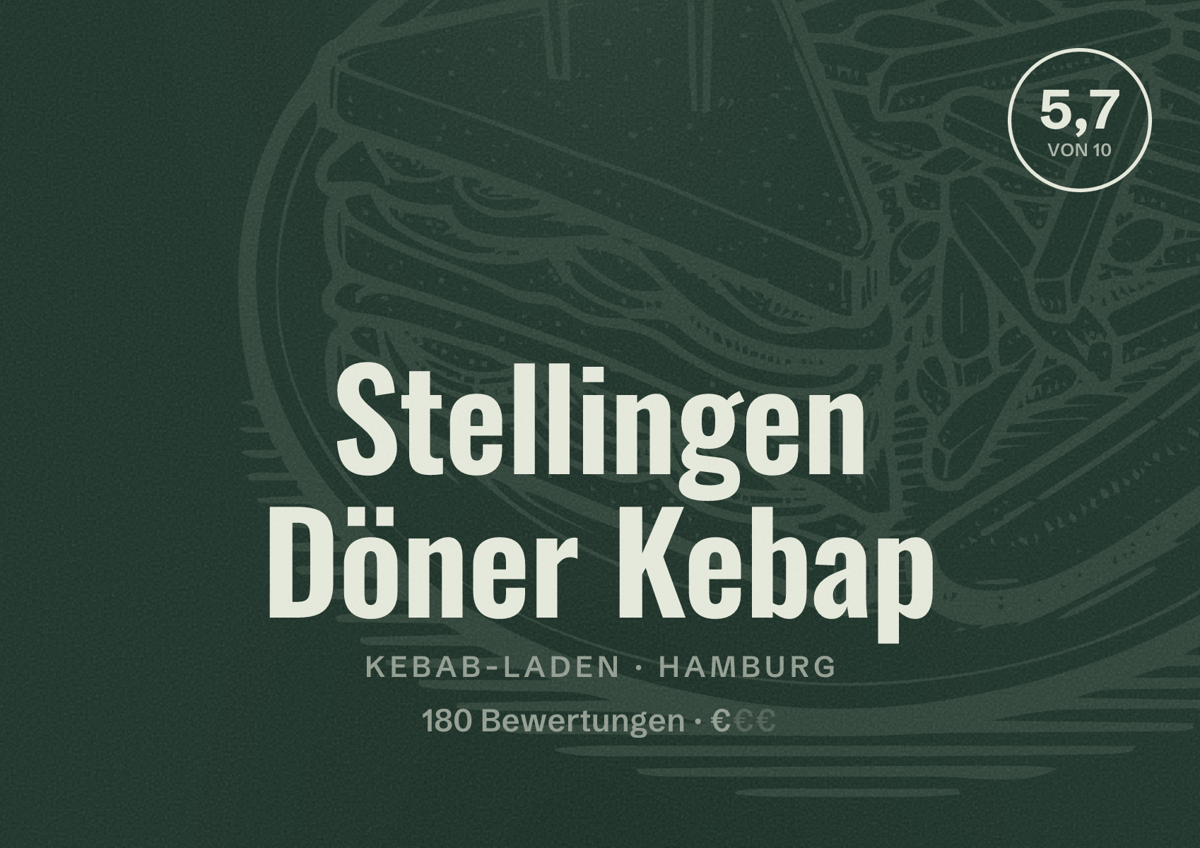 Illustriertes Poster von Stellingen Döner Kebap, Kebab-Laden in Hamburg: Bewertung 5,7 von 10 aus 180 Bewertungen, Preisniveau €