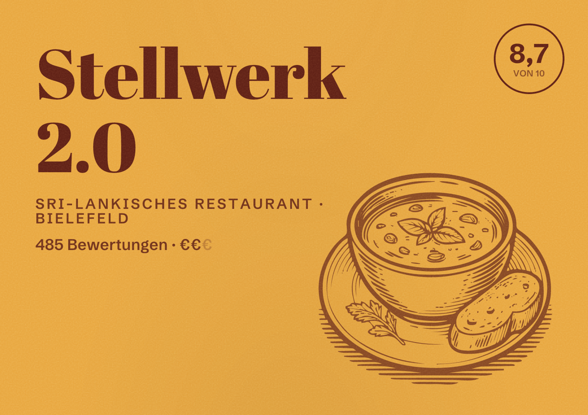 Illustriertes Poster von Stellwerk 2.0, Sri-Lankisches Restaurant in Bielefeld: Bewertung 8,7 von 10 aus 485 Bewertungen, Preisniveau €€